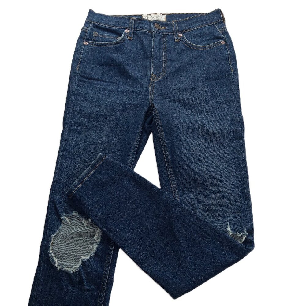 Free People Women's Skinny Jeans Size 26 Dark Wash Mid Rise Busted Knees